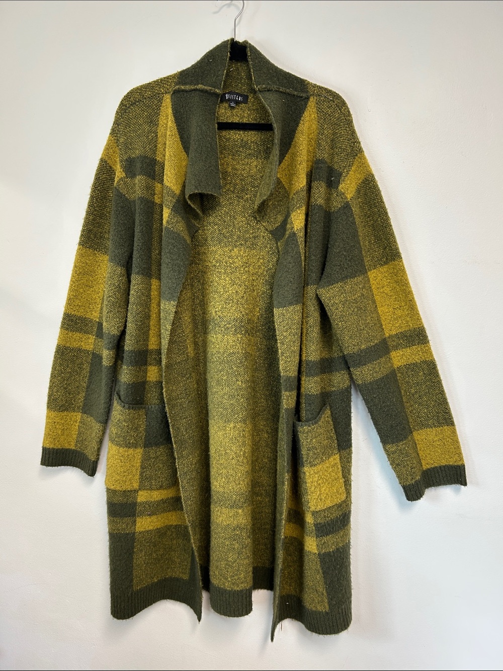 Sisters Boho Open Front Relaxed Chunky Knit Plaid Midi Sweater Cardigan Womens L